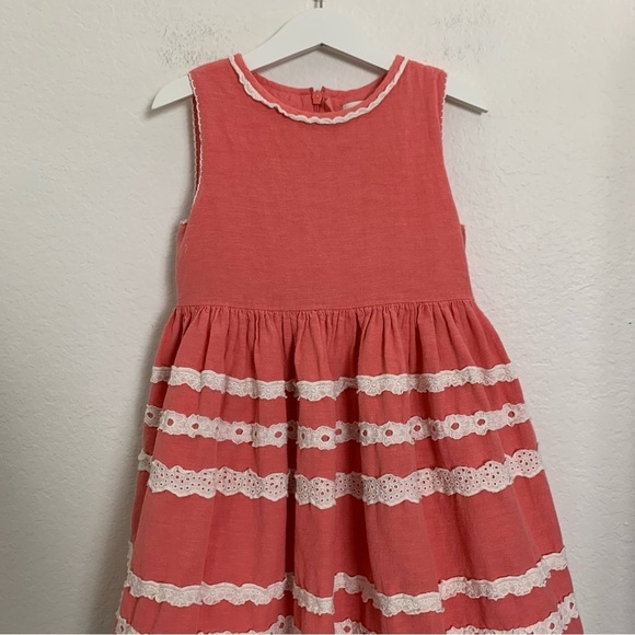 Boden Linen Blend Sun Dress Little Girls 6-7 Crochet Eyelet Coral Striped Lace - Picture 10 of 14